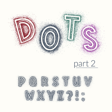 Hand drawn by dotted hatching latin vector font with punctuation marks, based on hand written letters. Easy to change color, isolated symbols with surrounding of each letter. Part 2.のイラスト素材