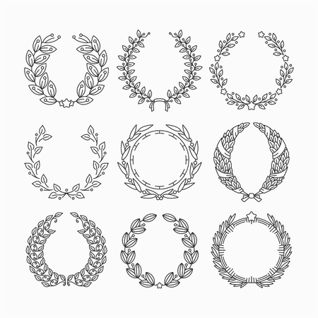 Set of line laurel victor's wreaths. Floral monoline garlands, victory frames.のイラスト素材