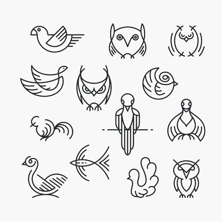 Set of linear design birds, isolated line birds' symbols. Empty outline objects.のイラスト素材