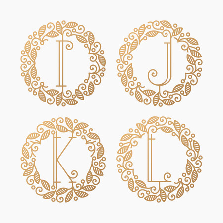 Set of line vector monograms, golden latin letters with floral frame - I, J, K, L.のイラスト素材