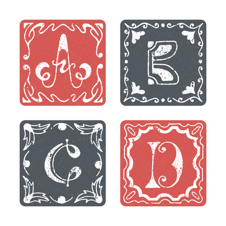 Set of graphical vector initials, hand drawn ornamental letters, isolated - A, B, C, D.のイラスト素材