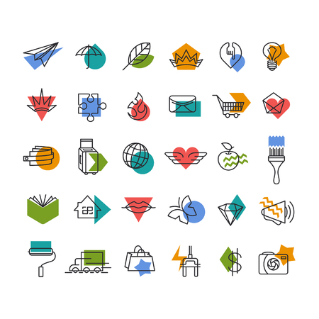 Vector line icons' set with color geometrical accents. Web, travel, money, shopping, love, mail, lifestyle thematic collection.のイラスト素材