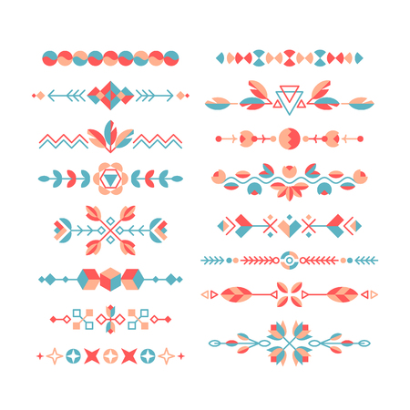 Vector set of decorative flat design elements, ethnic ornaments, borders and dividers, color decorations and brushes.のイラスト素材
