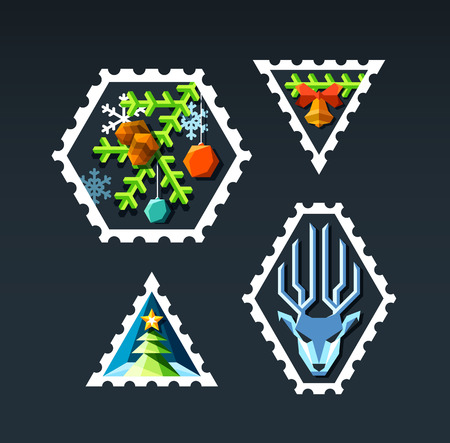 Set of color flat New Year and Christmas stamps. Creative xmas design decorations and icons.のイラスト素材