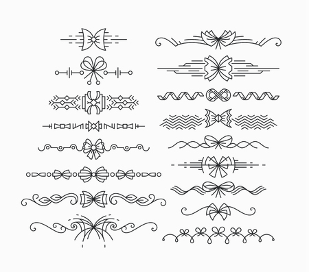 Thin mono line decorative design elements with gift bows, set of isolated ornamental and geometrical headers, graphical dividers.のイラスト素材