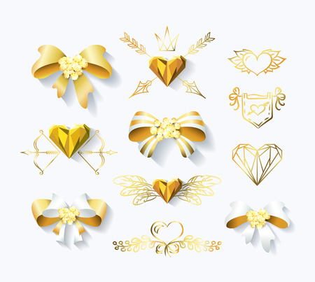 Vector set of golden bows and heart decorations. Gold design elements for St.Valentine's day,weddings, advertising and invitations.のイラスト素材
