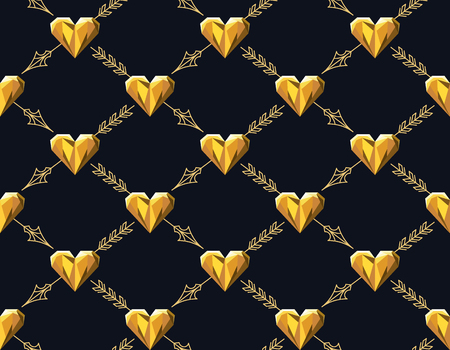 Seamless pattern with golden hearts and line arrows, romantic background. No gradients and no clipping mask.のイラスト素材