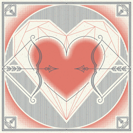 Retro line poster, square vintage graphical love theme postcard, romantical background.のイラスト素材