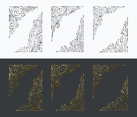 Set of decorative line corners, monochromatic graphical and golden isolated frame elements.のイラスト素材