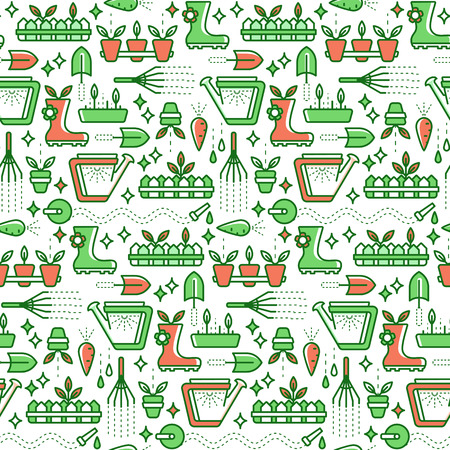 Vector seamless pattern with line gardening symbols. Bright summer and horticulture background.のイラスト素材