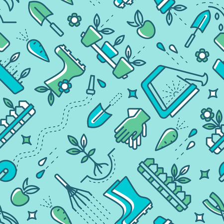 Vector seamless pattern with line gardening symbols. Summer and horticulture background.のイラスト素材
