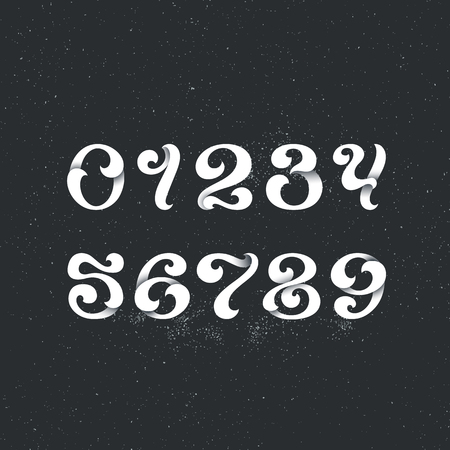 Lettering style arabic numerals. Set of figures, numbers with swirl decorative elements. White for dark backgrounds.のイラスト素材