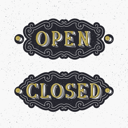 Open and closed vintage ornate signs, vector retro announcements.のイラスト素材