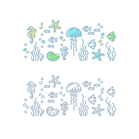 Marine life outline illustration. Isolated on white sea and ocean creatures.のイラスト素材