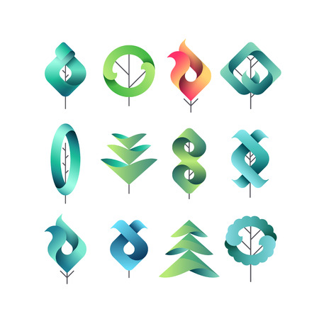 Color gadient geometrical leaves, trees, set of isolated symbols, vector design eco and botanical elements.のイラスト素材