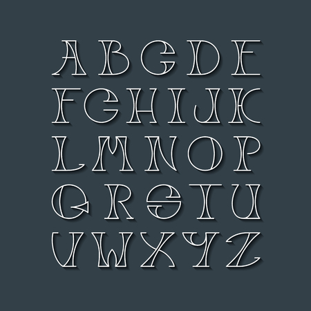 Latin elegant thin line typescript. Capital letters with shadows for dark background, white outline font.のイラスト素材