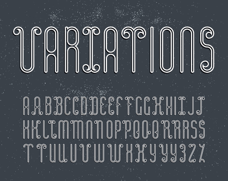 Vector mono line decorative font for dark backgrounds. Latin alphabet of outline letters. Some variations of letters for better kerning.のイラスト素材