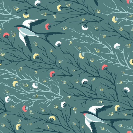 Vector seamless pattern with swallow birds and floral background.のイラスト素材
