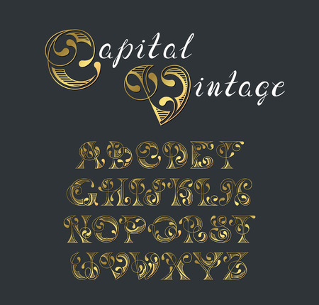 Vector golden elegant retro graphical decorative font. Latin alphabet of vintage golden letters.のイラスト素材