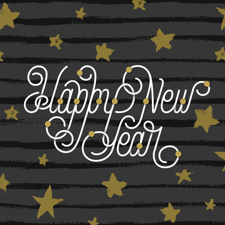 New year and Christmas postcard, line lettering inscription, black banner with golden stars and words "Happy New Year".のイラスト素材