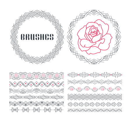 set of abstract and floral geometrical line seamless ornaments. Collection of black and color monoline ornamental brushes.のイラスト素材