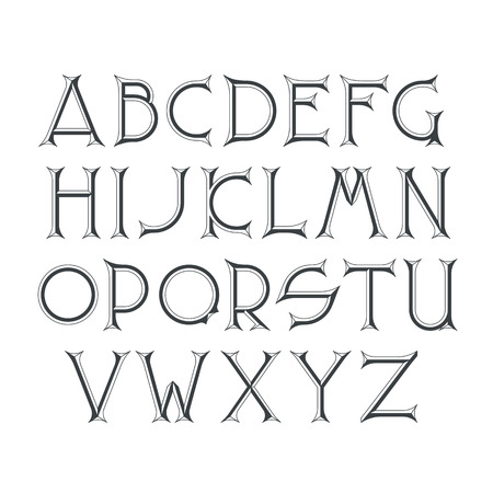 Decorative serif latin font. Graphical sharp corners chisel capital letters. Monochromatic empty isolated objects.のイラスト素材