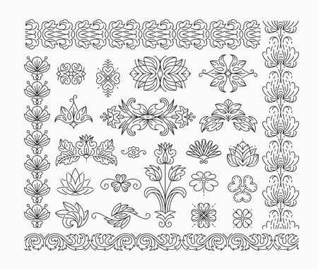 Thin mono line floral decorative design elements, set of isolated ornamental headers, dividers with leaves and flowers. Plus four seamless patterns, borders, brushes, can be used as frames.のイラスト素材