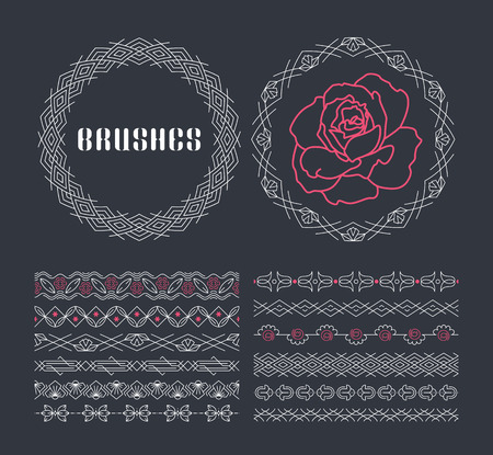 set of abstract and floral geometrical line seamless ornaments. Collection of white and color monoline ornamental brushes.のイラスト素材