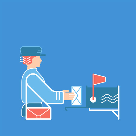 Mail and postal service concept. flat and line illustration with postman or postwoman, with letter, correspondence and mailbox.のイラスト素材
