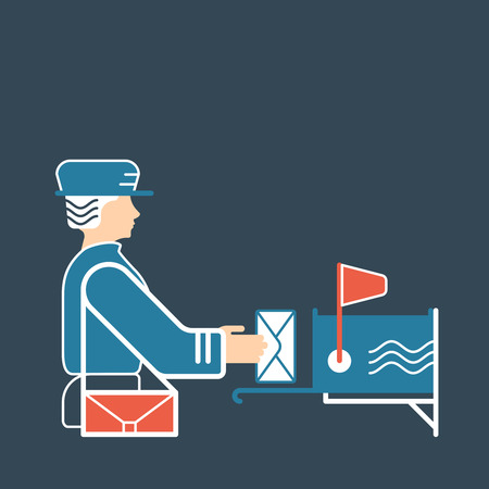 Mail and postal service concept. flat and line illustration with postman or postwoman, with letter, correspondence and mailbox.のイラスト素材