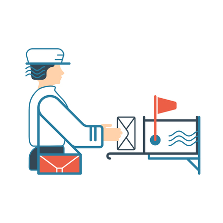 Mail and postal service concept. flat and line illustration with postman or postwoman, with letter, correspondence and mailbox.のイラスト素材