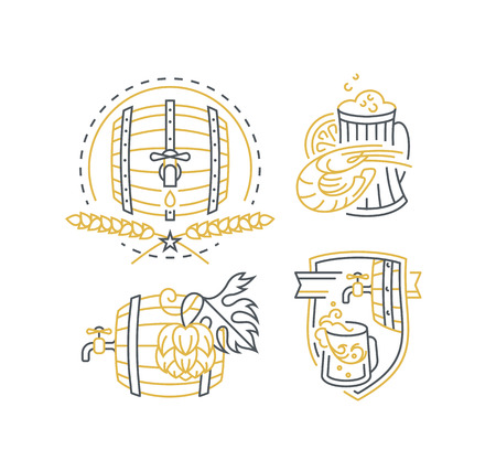 Beer, barrel, hop mono line elements for menu, package, design. Vector outline flat bar emblems, decorations.のイラスト素材