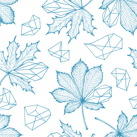 Monochromatic seamless botanical pattern. Outline leaves with geometrical elements vector hand drawn background.のイラスト素材
