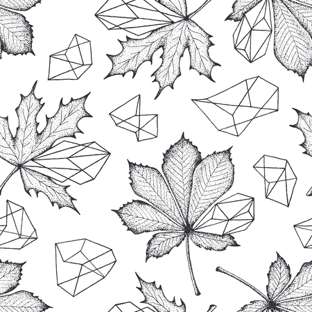Monochromatic seamless botanical pattern. Leaves with geometrical elements vector hand drawn background.のイラスト素材