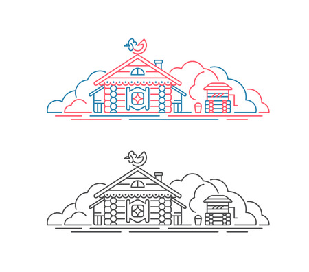 Vector slavic historical house, ancient traditional building, izba. Russian village line illustration.のイラスト素材