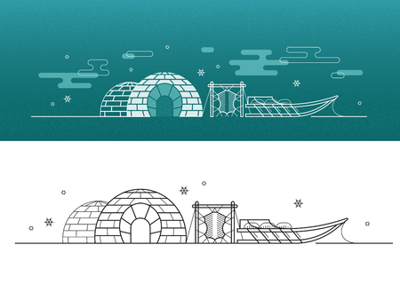 Vector eskimo historical house, traditional building, igloo. Winter Arctic polar line illustration.のイラスト素材