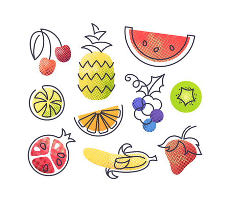 Colorful icons set of fruits. Isolated creative design healthy life objects. Vegetarian and vegan food halftone textured and monoline symbols' pack. No gradients.のイラスト素材