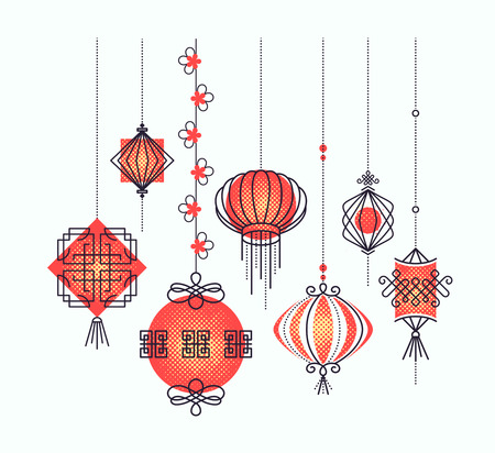 Vector set of asian street and holiday lanterns, chinese culture decorations. Monoline and halftone objects, no gradients. Easy to combine.のイラスト素材