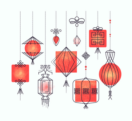 Vector set of asian street and holiday lanterns, chinese culture decorations. Monoline and halftone objects, no gradients. Easy to combine.のイラスト素材