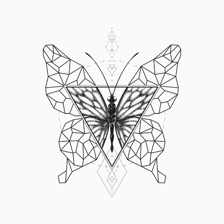 Vector graphical butterfly design. Black sacred geometry and realistic illustration. Not auto-trace.のイラスト素材