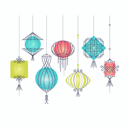 Vector set of asian street and holiday lanterns, chinese culture decorations. Monoline and geometrical color shapes' objects with halftone light, no gradients. Easy to combine.のイラスト素材