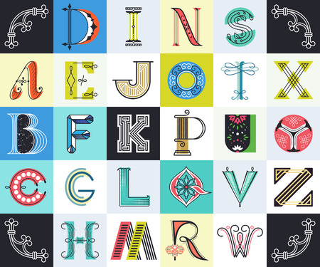 Vector drop caps' set. Big collection of different style color letters. Latin assorted alphabet of modern initials.のイラスト素材