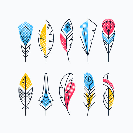 Colorful abstract feathers' set. Halftone textured bright line vector symbols.のイラスト素材