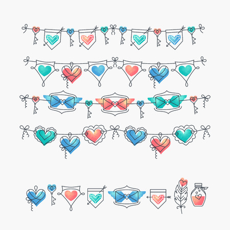 Set of isolated love theme icons and bunting, Valentine's day and wedding mono line design elements, romantical decorations with hearts.のイラスト素材