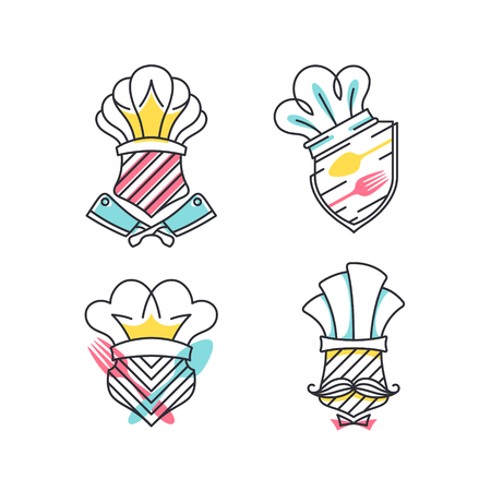 Graphical line and color shields with cafe, cooking and chef symbols, logo vector package.のイラスト素材