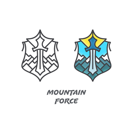 Mountains and sword shield symbol, abstract royal sign.のイラスト素材