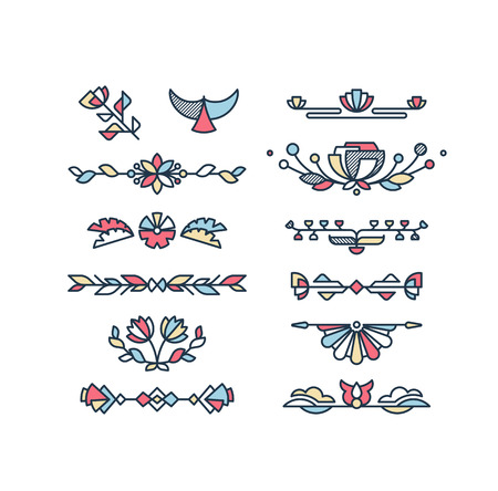 Vector set of color floral decorative elements and text decorations. Flat geometrical design elements.のイラスト素材