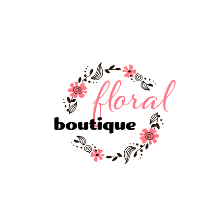 Graphical floral label with hand drawn abstract botanical flowers, black and pink round vector frame, logoのイラスト素材