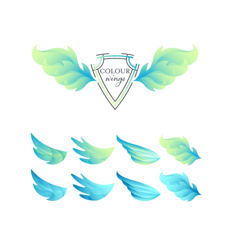 Abstract gradient color wings' set. Green and blue isolated objects.のイラスト素材
