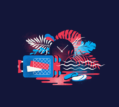 Traveling, sea trip and vacations vibrant color illustration. Time to have a rest. Isolated vector concept of tourism, luggage and ocean holidays.のイラスト素材